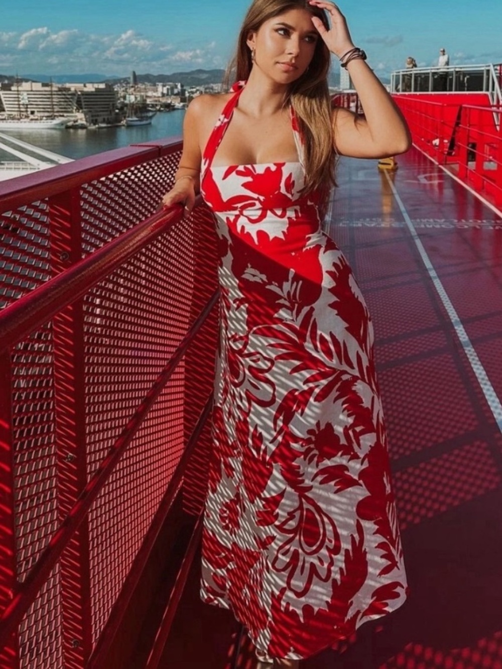 Zara Red & White Floral Linen Blend Halter Midi Dress, Size Small, NWOT
